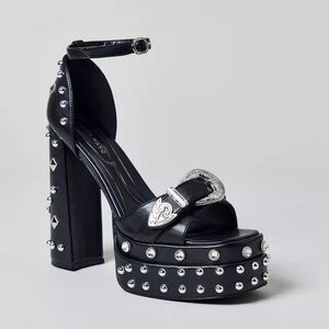 Black Studded Platform Sandals with Silver Buckle - Women